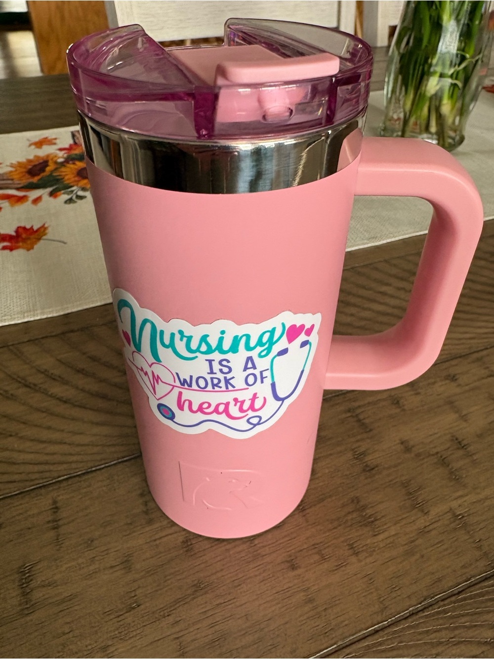 RTIC 16oz matte pastel Pink Insulated Travel Mug with Handle and Clear pink Lid